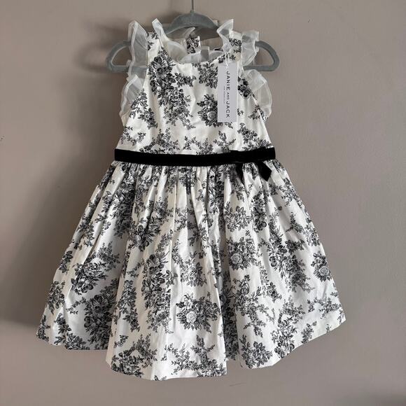 Janie and Jack Black and White Floral Toile Ruffle Dress 18-24 Baby Girl New - Picture 1 of 8